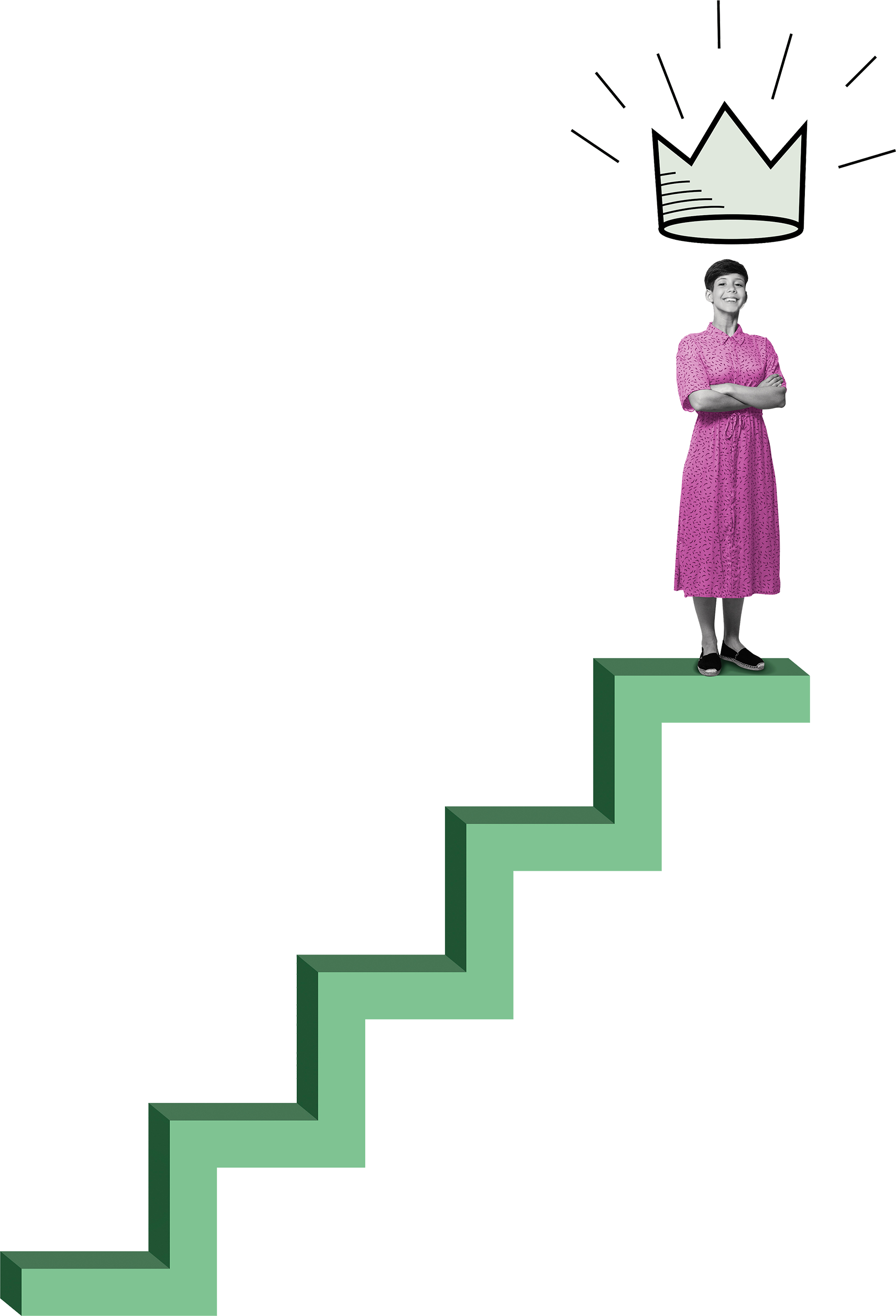 Woman in pink dress on the top of a drawn stairway, and has crown over her head.