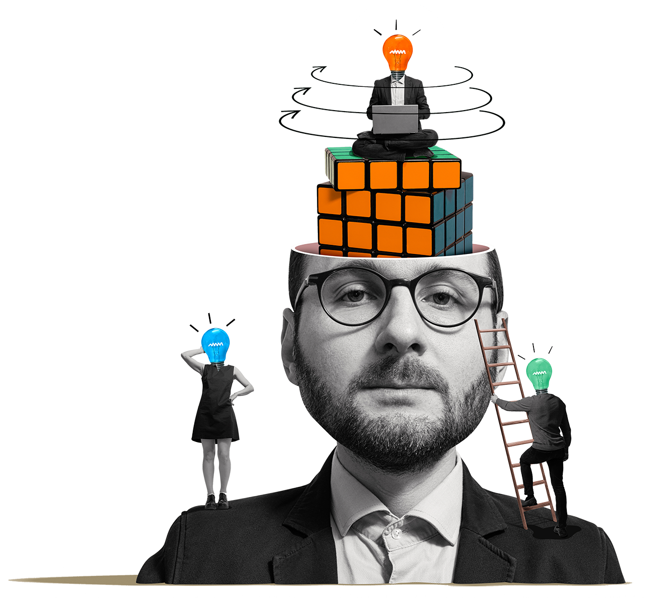 Man's top head with rubix's cube and small people around him.