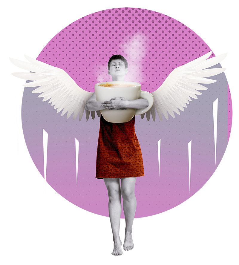 Woman hugging a big coffee mug with wings soaring high