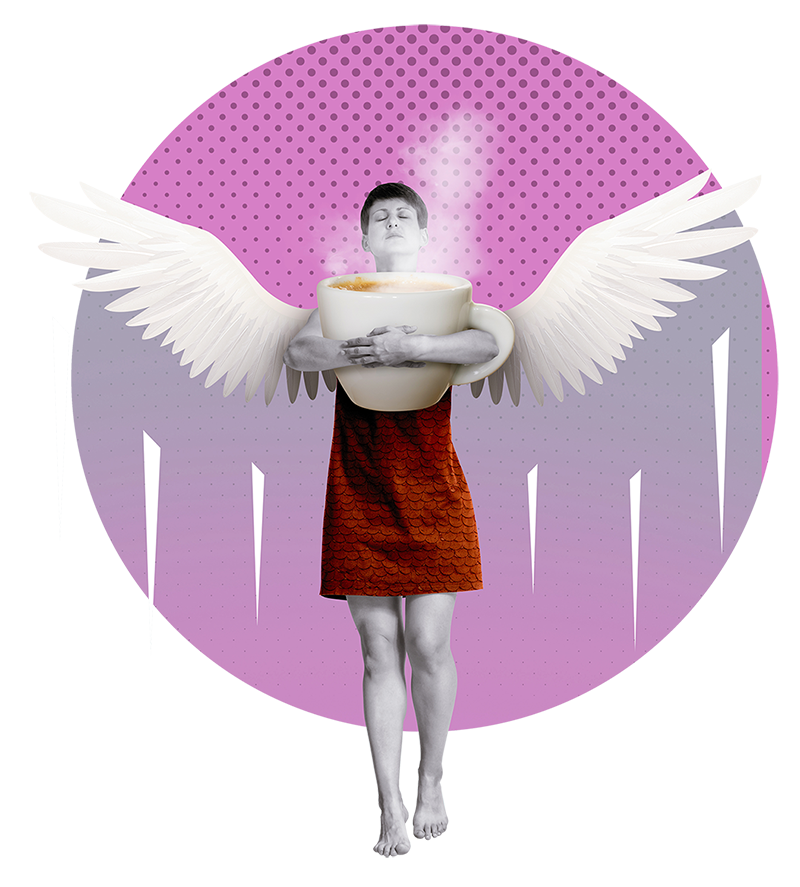 Woman hugging a big coffee mug with wings soaring high